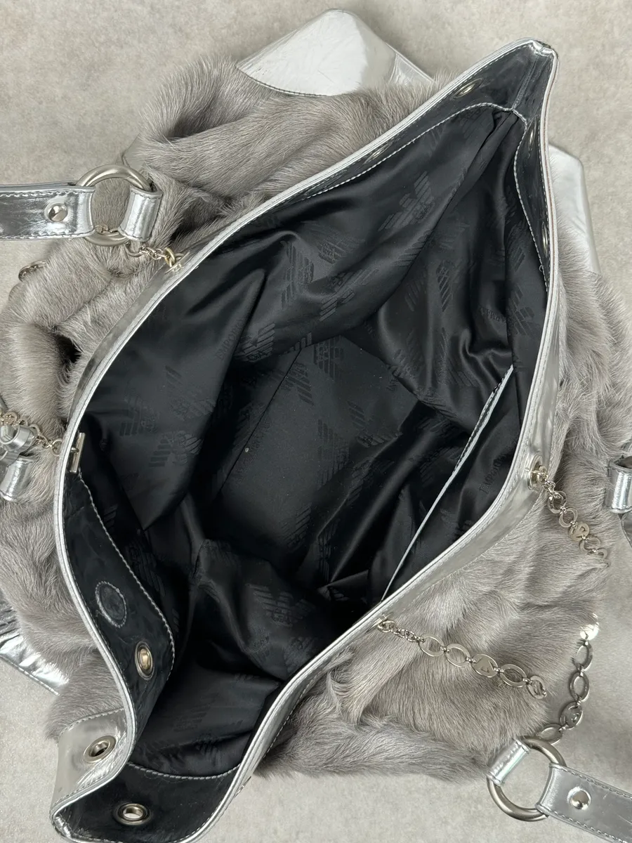 2000s Emporio Armani Silver Fur Leather Handle Bag - Image 6