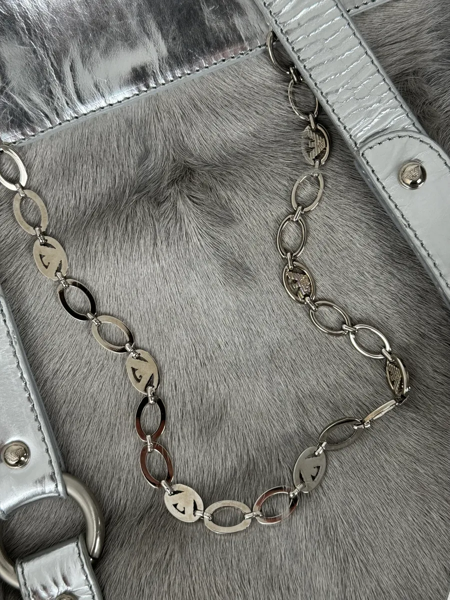 2000s Emporio Armani Silver Fur Leather Handle Bag - Image 8