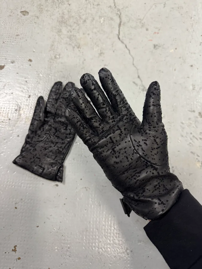 2000s Emporio Armani Velvet Dots Black Leather Gloves - Image 3
