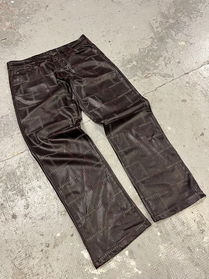 2000s Energie Brown Embroidered Leather Pants - Image 3