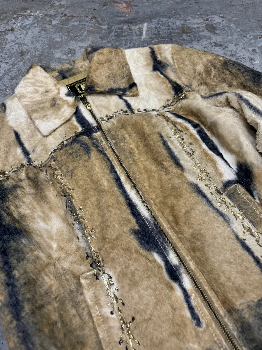 2000s Faux Fur Beige & Blue Irregular Jacket - Image 10