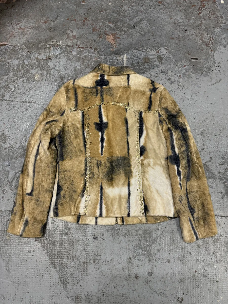 2000s Faux Fur Beige & Blue Irregular Jacket - Image 5