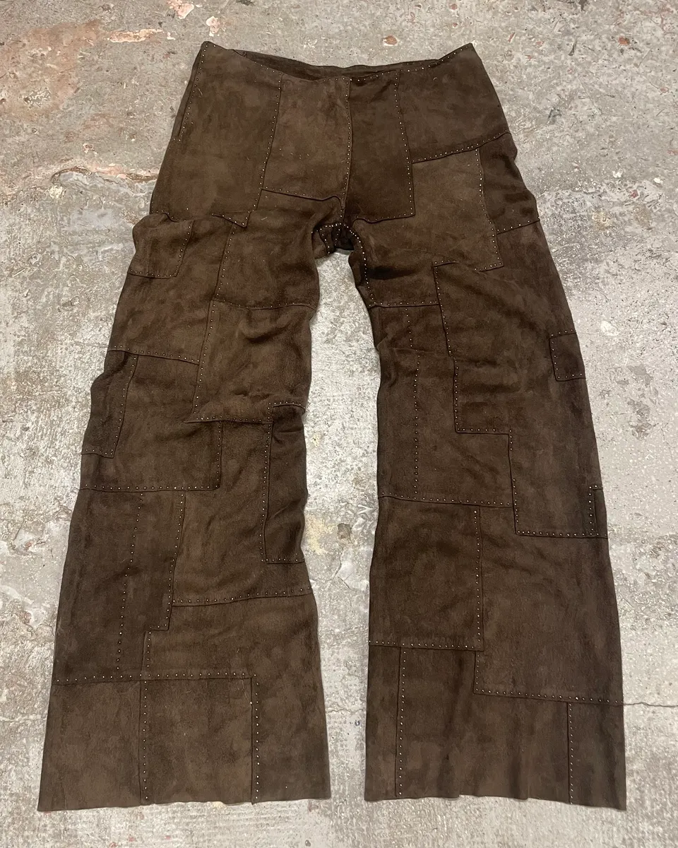 2000s Fendi Khaki Suede Leather Studded Patchwork Pants