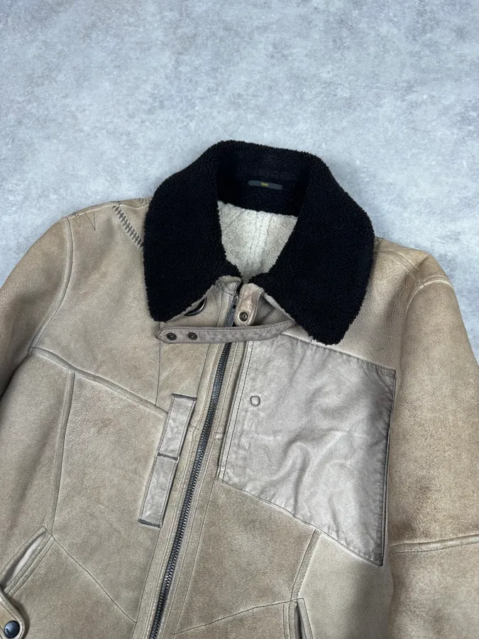 2000s Fendi Patchwork Shearling Beige Leather Jacket - Image 3