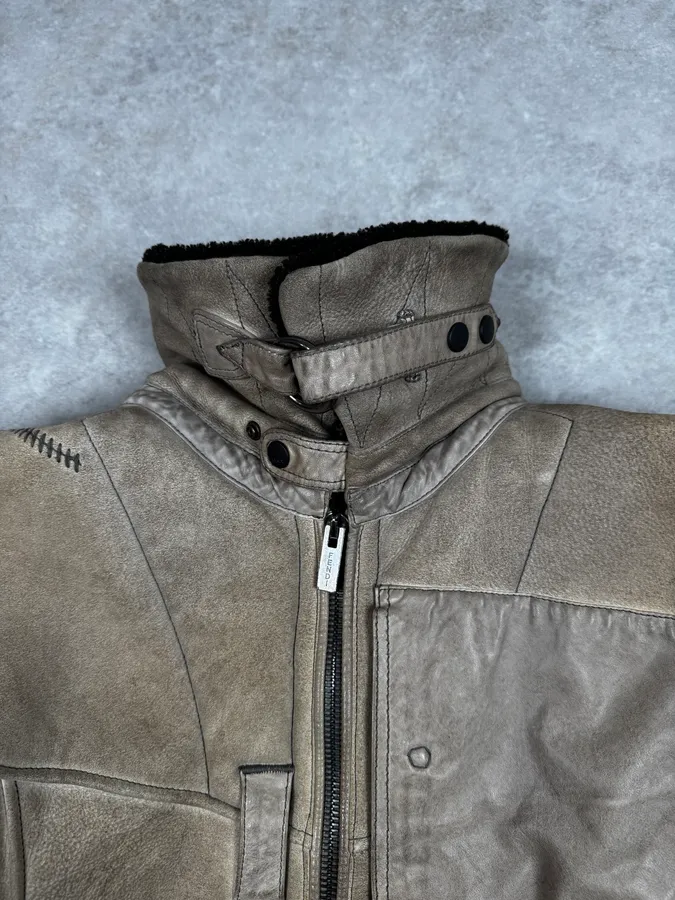 2000s Fendi Patchwork Shearling Beige Leather Jacket - Image 8