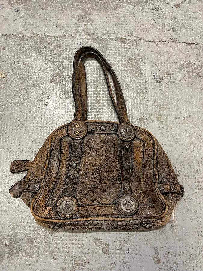 2000s Galliano Brown Cracked Leather Money Handle Bag - Image 6