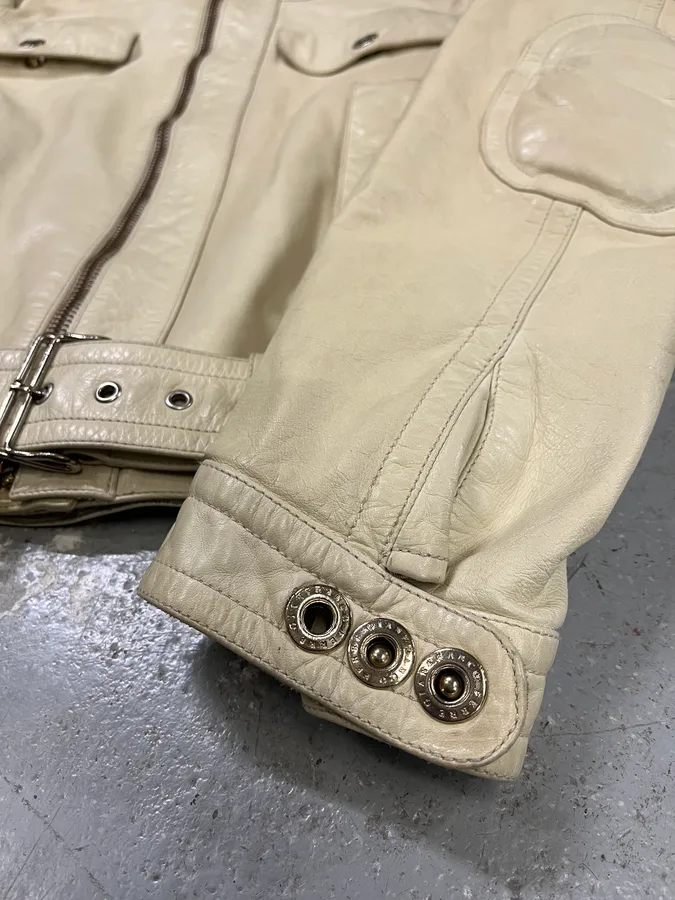 2000s Gianfranco Ferré Beige Biker Leather Jacket with Detachable Arm Zips - Image 9