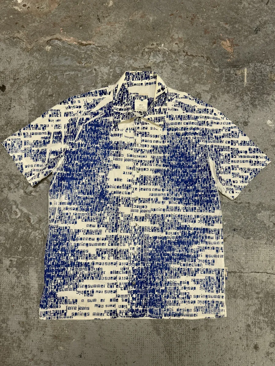 2000s Gianfranco Ferré White & Blue Script Short Sleeves Shirt