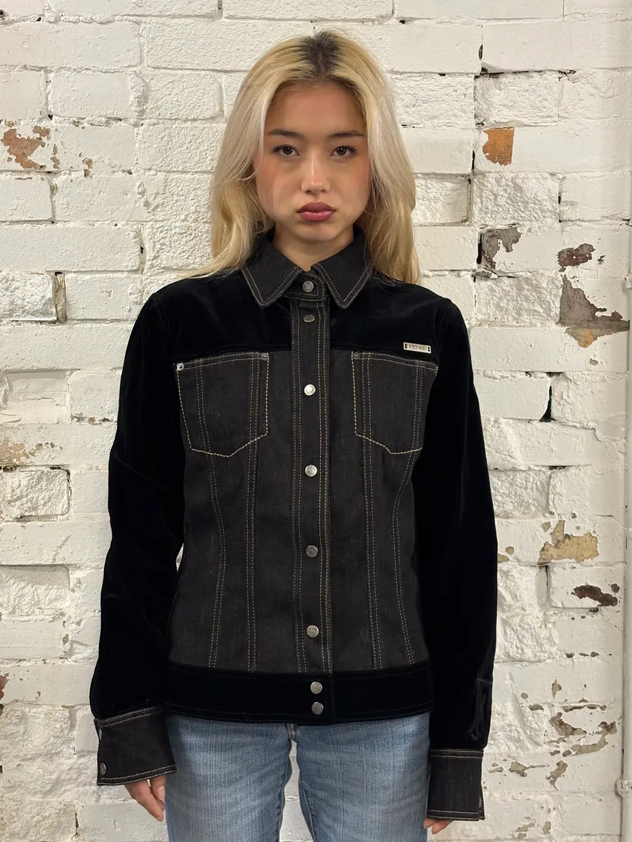2000s Gianfranco Ferré Black Denim Velvet Hybrid Jacket - Image 2