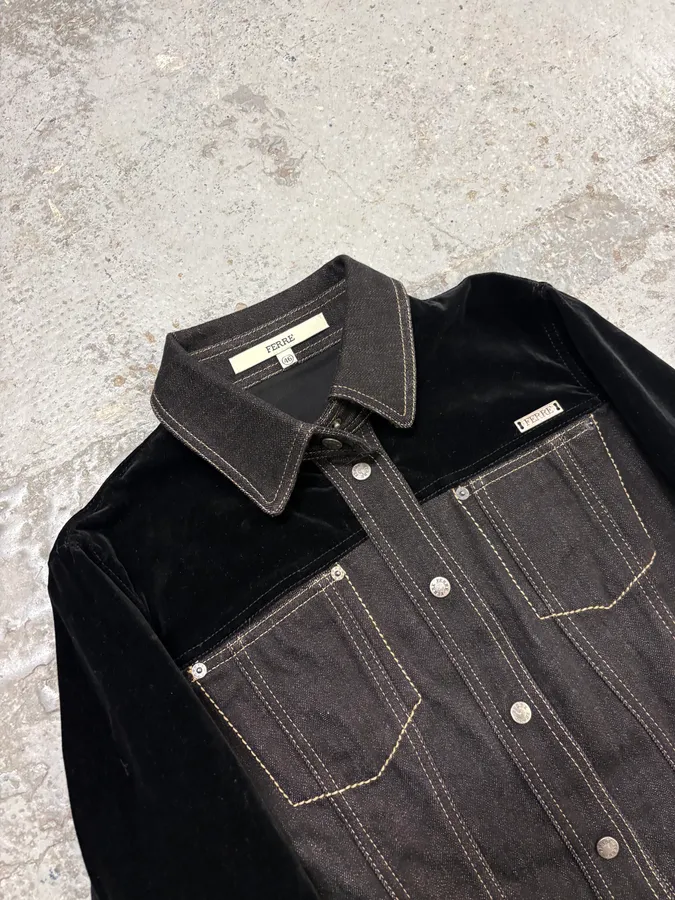2000s Gianfranco Ferré Black Denim Velvet Hybrid Jacket - Image 5