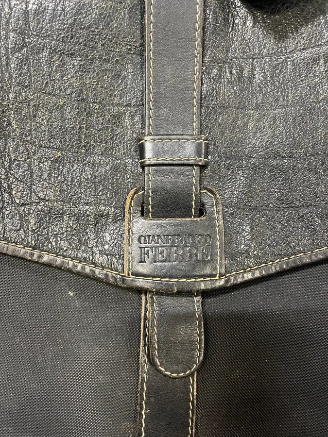 2000s Gianfranco Ferré Brown Crocodile Leather Canva Shoulder Bag - Image 6
