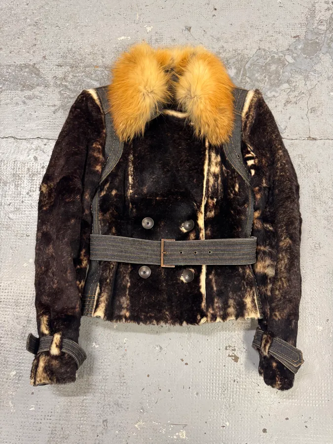 2000s Gianfranco Ferré Brown Rabbit Fur & Denim Jacket