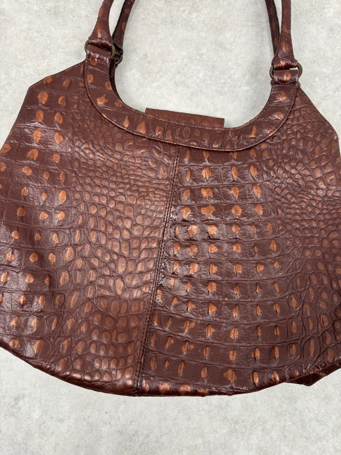 2000s Gianfranco Ferré Crocodile Embossed Brown Leather Handle Bag - Image 5