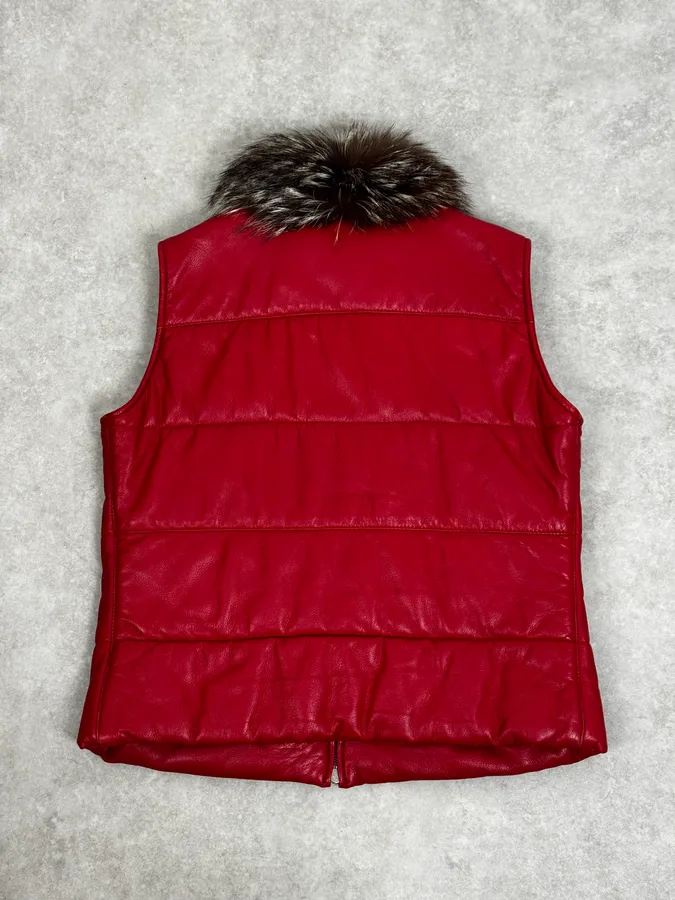 2000s Gianfranco Ferré Fur Collar Red Leather Puffer Vest - Image 4