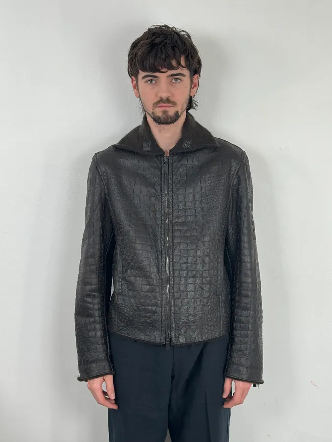 2000s Giorgio Armani Crocodile Effect Brown Leather Aviator Jacket - Image 2