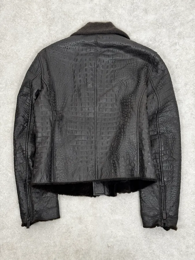 2000s Giorgio Armani Crocodile Effect Brown Leather Aviator Jacket - Image 4