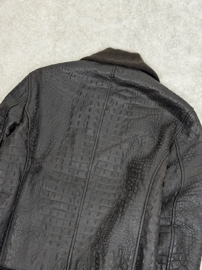2000s Giorgio Armani Crocodile Effect Brown Leather Aviator Jacket - Image 7