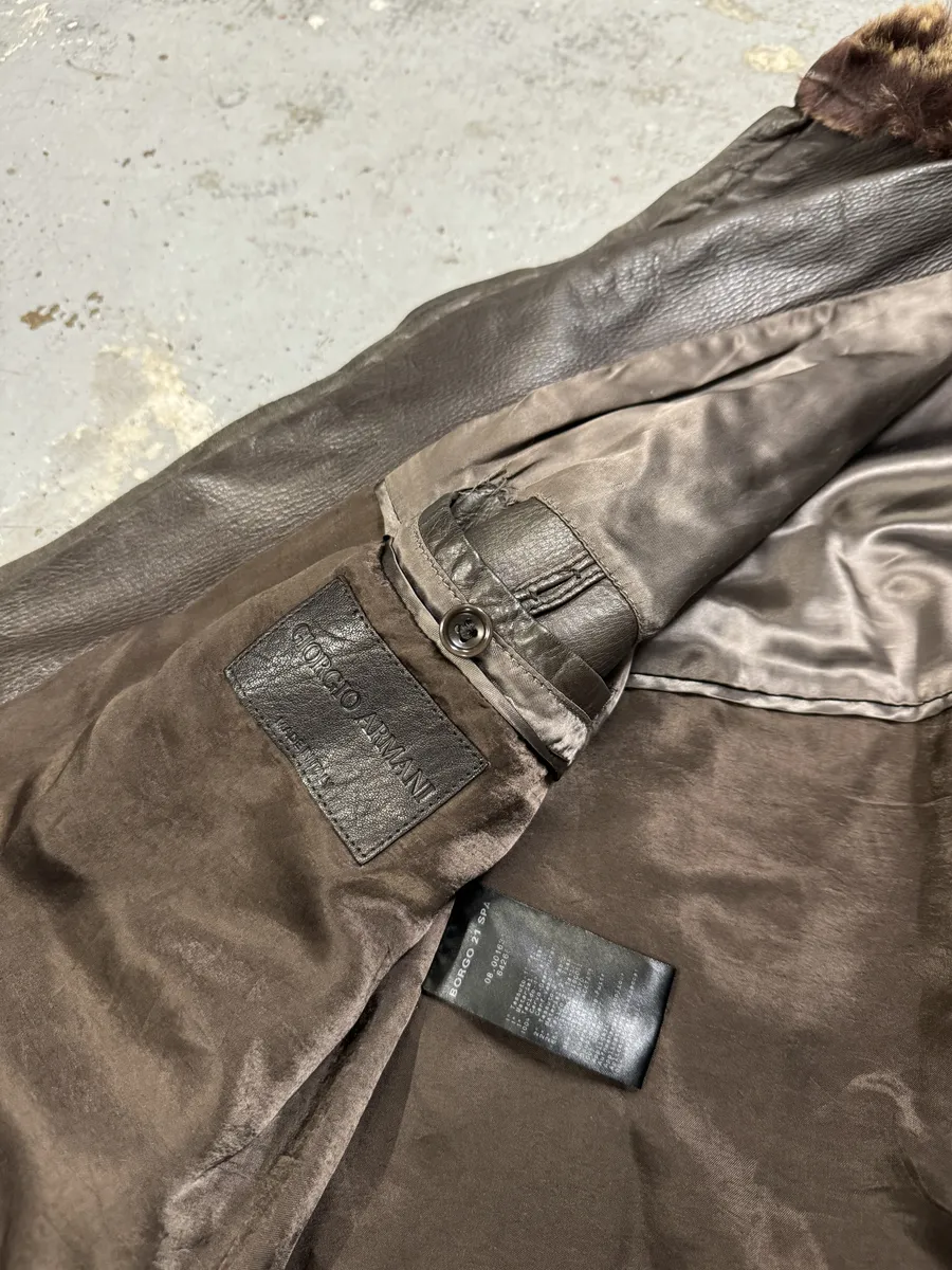 2000s Giorgio Armani Fur Collar Brown Leather Jacket - Image 9