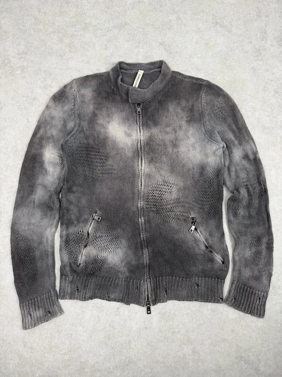 2000s Giorgio Brato Grey Faded Linen Distressed Knitted Zip-up Sweater - Image 4
