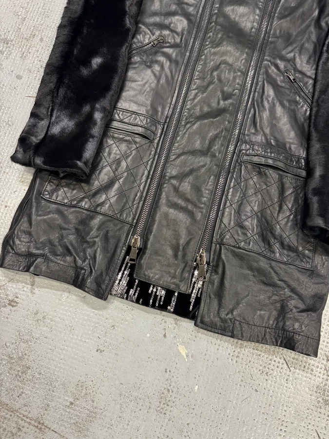 2000s Giorgio Brato Pony Hair Sleeves Double Zip Black Leather Trench Coat - Image 7
