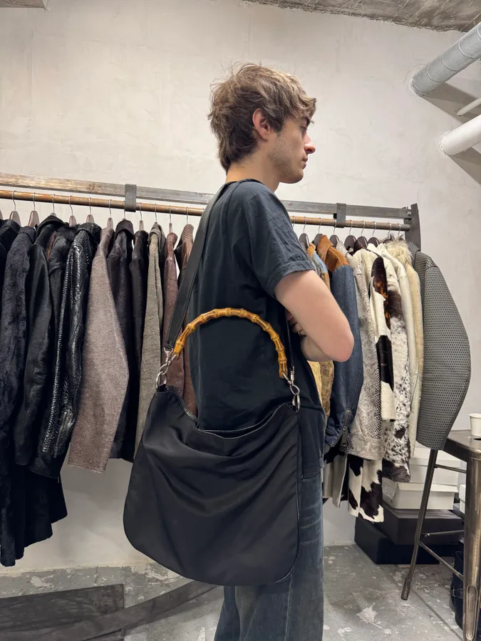 2000s Gucci Bamboo Black Nylon Messenger Shoulder Bag - Image 5