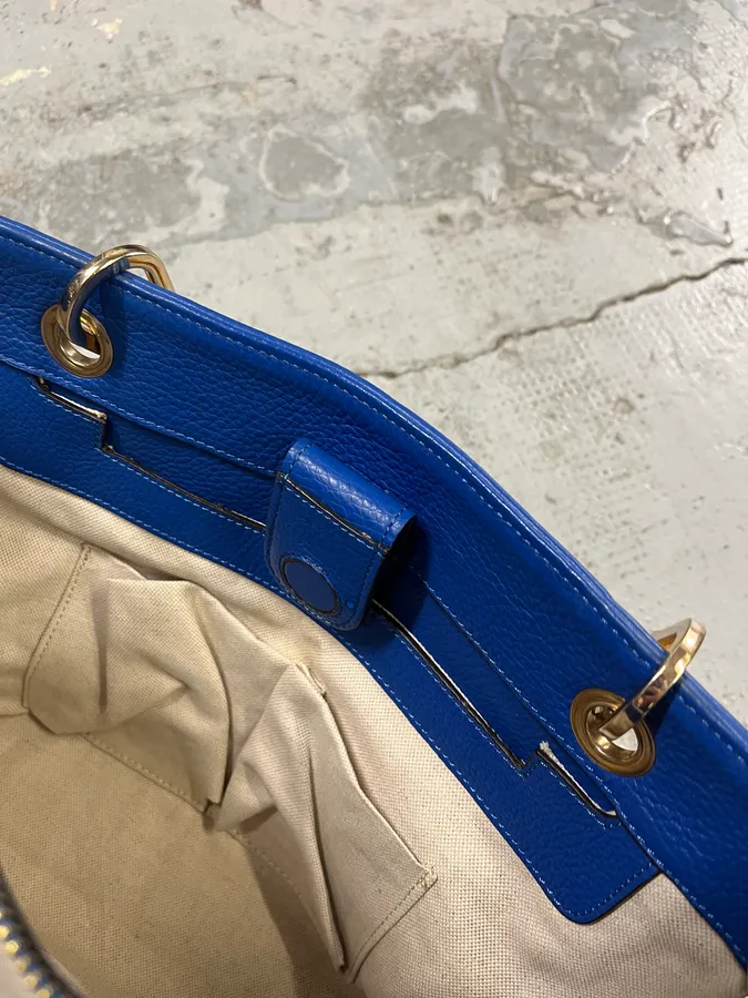 2000s Gucci Blue Leather Bamboo Handle Tote Bag - Image 12