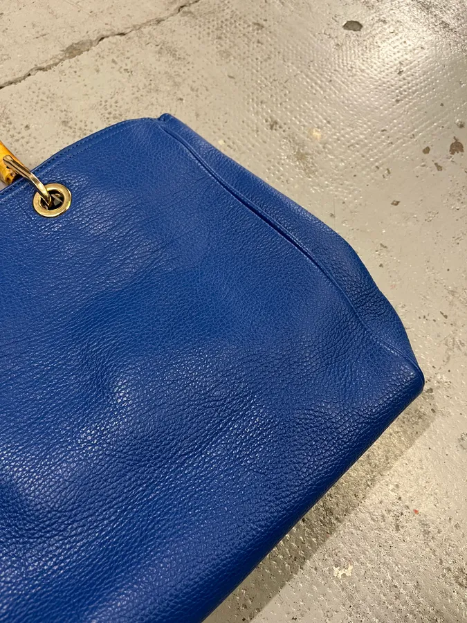 2000s Gucci Blue Leather Bamboo Handle Tote Bag - Image 6