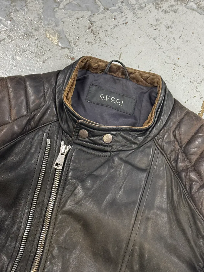 2000s Gucci Brown Asymmetrical Zip Biker Leather Jacket - Image 12