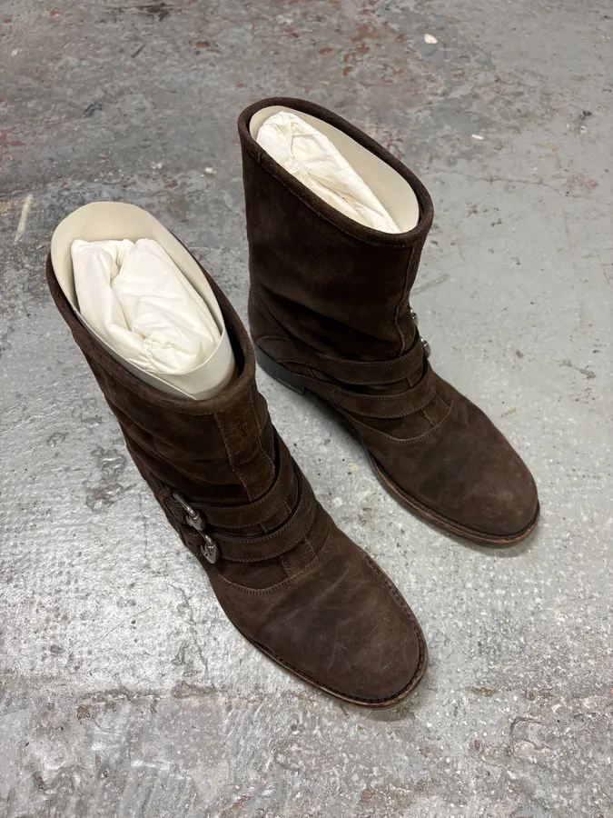 2000s Gucci Brown Biker Buckles Ankle Eroded Suede Leather Boots - Image 4