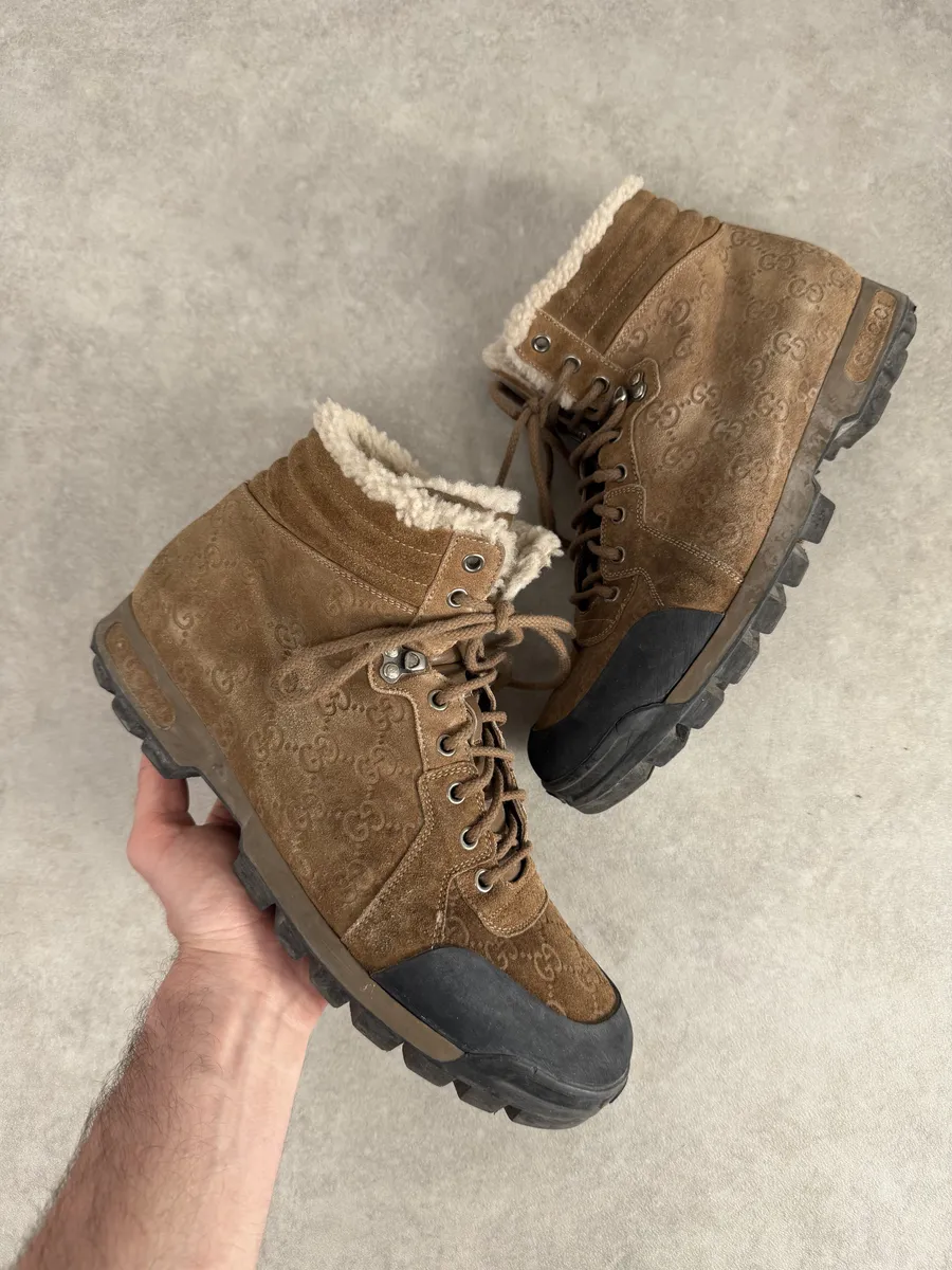 2000s Gucci Brown Nebraska Monogram Hiking Boots