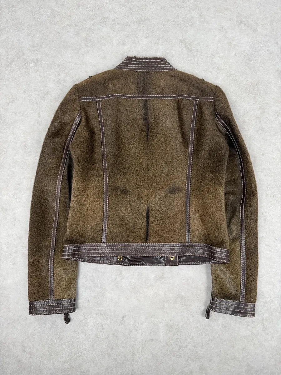 2000s Gucci Brown Pony Hair Leather Buttoned Officer Jacket by Tom Ford - Image 2
