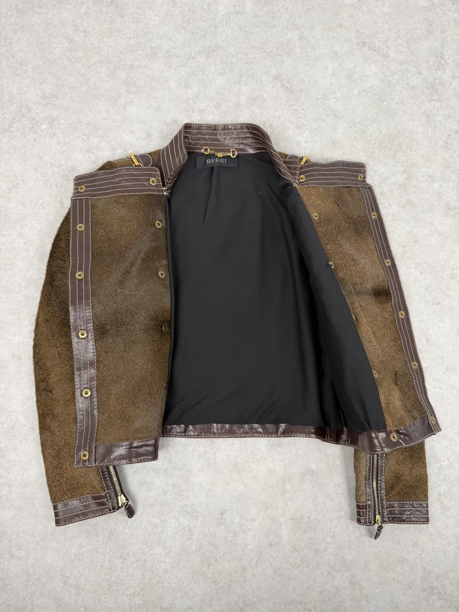 2000s Gucci Brown Pony Hair Leather Buttoned Officer Jacket by Tom Ford - Image 5