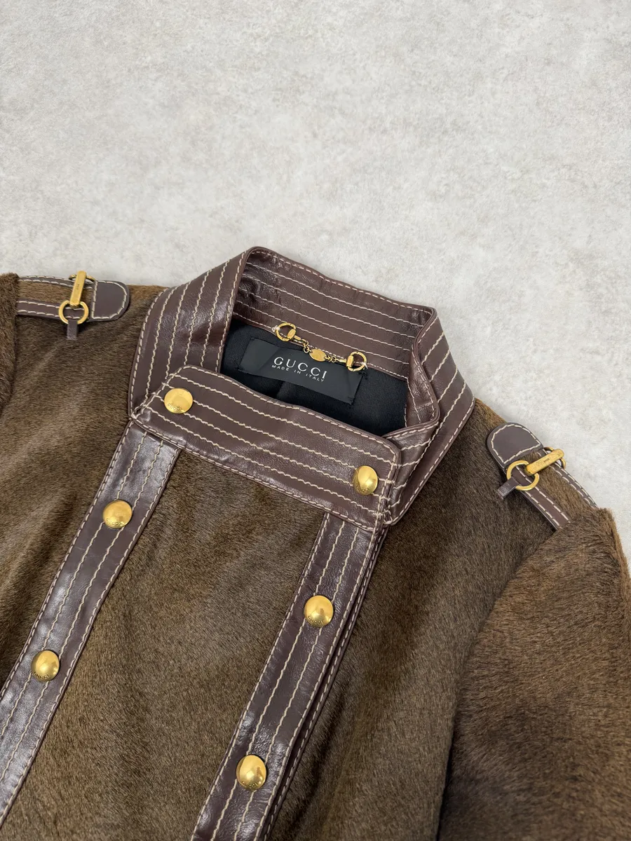 2000s Gucci Brown Pony Hair Leather Buttoned Officer Jacket by Tom Ford - Image 8