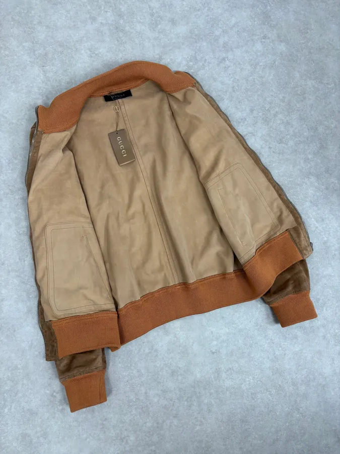 2000s Gucci Brown Suede Leather Bomber Jacket - Image 7