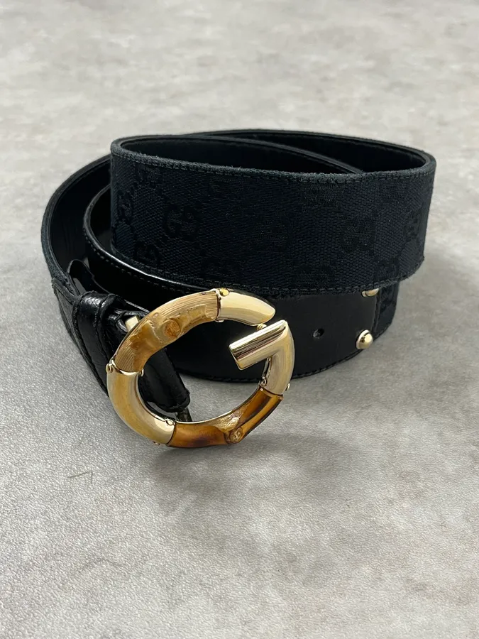 2000s Gucci Golden Bamboo Black Leather Belt - Image 2