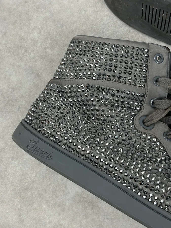 2000s Gucci Grey Leather Swarovski Crystal High-Top Sneakers - Image 14