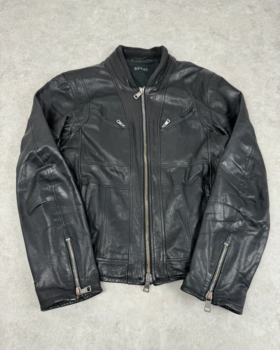 2000s Gucci Multi Zip Black Biker Leather Jacket