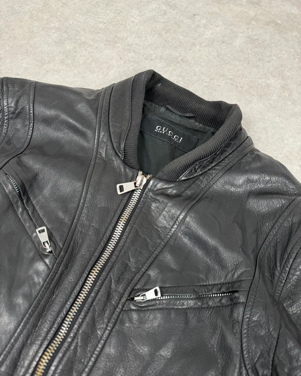 2000s Gucci Multi Zip Black Biker Leather Jacket - Image 5