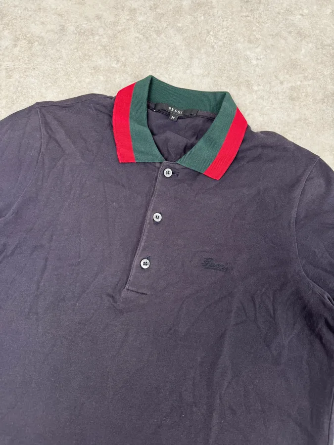 2000s Gucci Navy Striped Collar Polo - Image 5