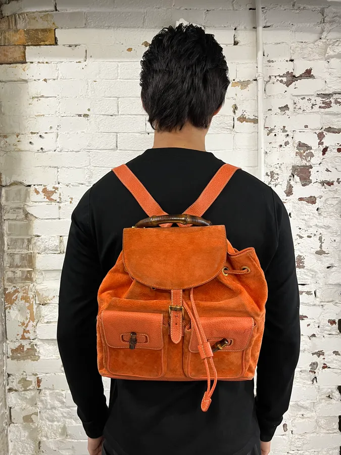 2000s Gucci Orange Leather Bamboo Backpack
