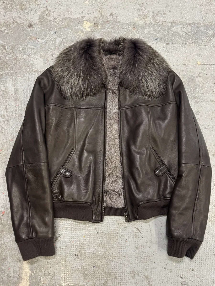 2000s Gucci Tom Ford Rabbit Fur Brown Leather Jacket - Image 2