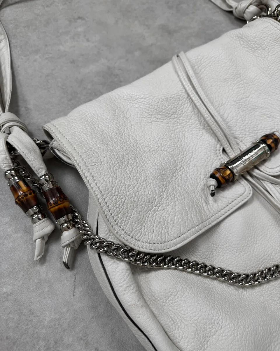 2000s Gucci White Leather Bamboo Claps Handle Bag - Image 7