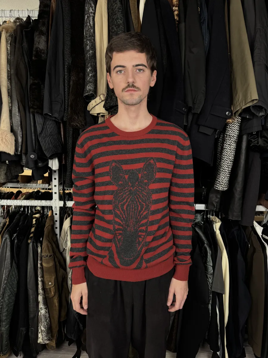 2000s Hermès Black & Red Wool Cashmere Striped Zebra Sweater - Image 3