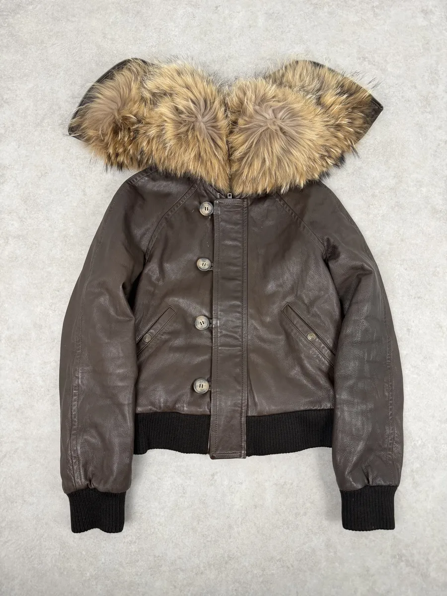 2000s Iceberg Brown Leather Aviator Fur Hooded Bomber Jacket