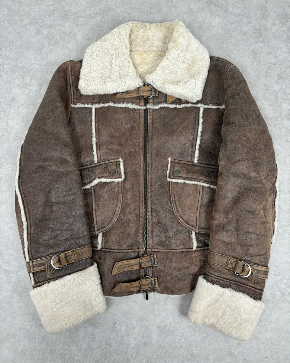 2000s Iceberg Brown Shearling Aviator Leather Jacket