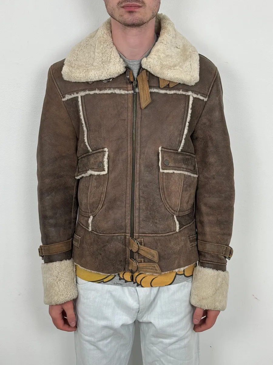2000s Iceberg Brown Shearling Aviator Leather Jacket - Image 2