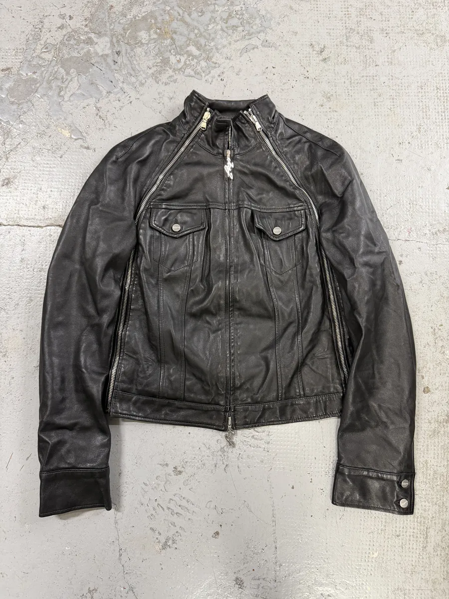 2000s Iceberg Multi Front Zip Black Biker Leather Jacket
