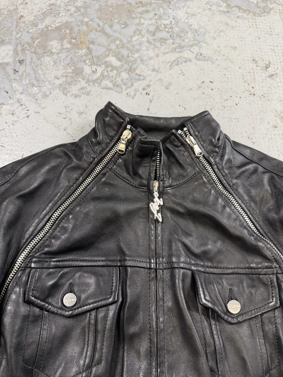2000s Iceberg Multi Front Zip Black Biker Leather Jacket - Image 12