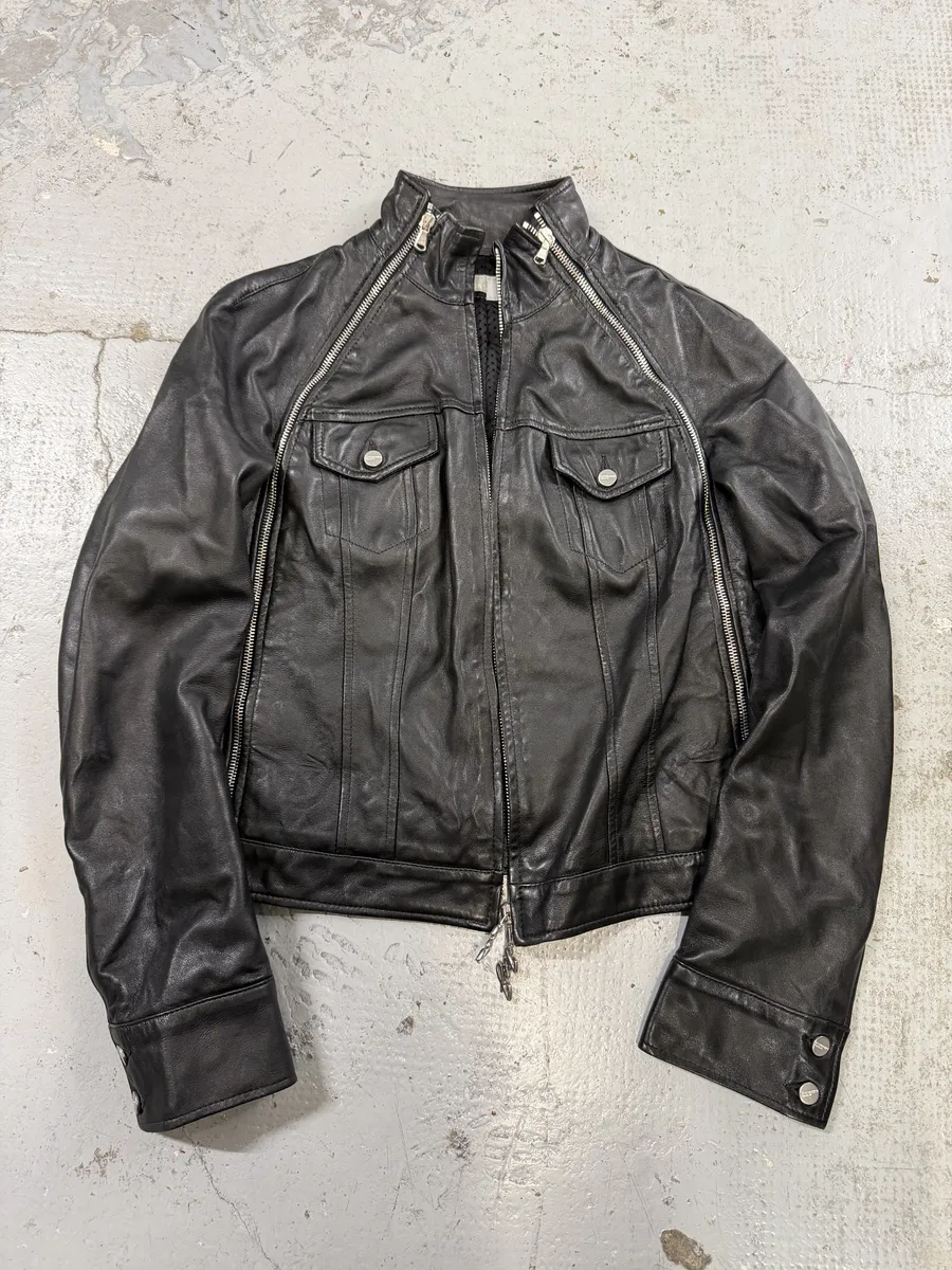 2000s Iceberg Multi Front Zip Black Biker Leather Jacket - Image 8