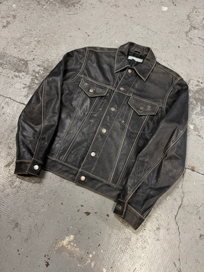 2000s Iceberg Trucker Grey Leather Jacket - Image 3